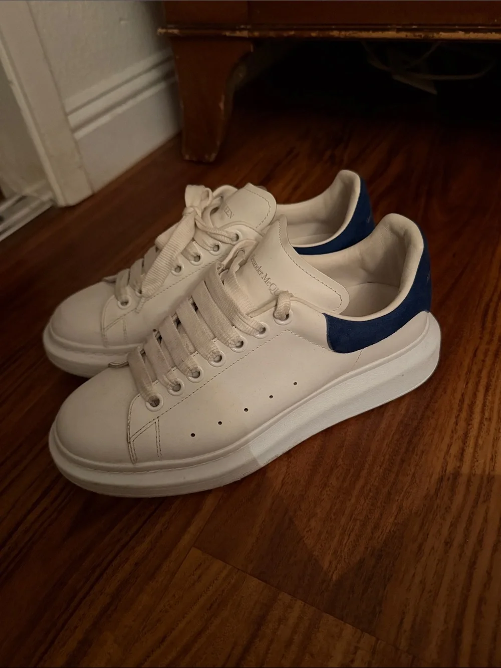 Alexander McQueen White Leather Sneakers with Blue Heel Tab